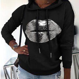 Lip Pattern Sequins Casual Hooded Sweatshirt